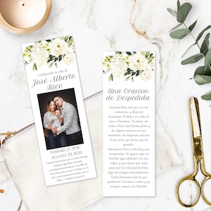 Editable Spanish Bookmark for Funeral Personalized White Floral Bookmark Keepsake, Custom Funeral Favor, DIY Celebration of Life Remembrance