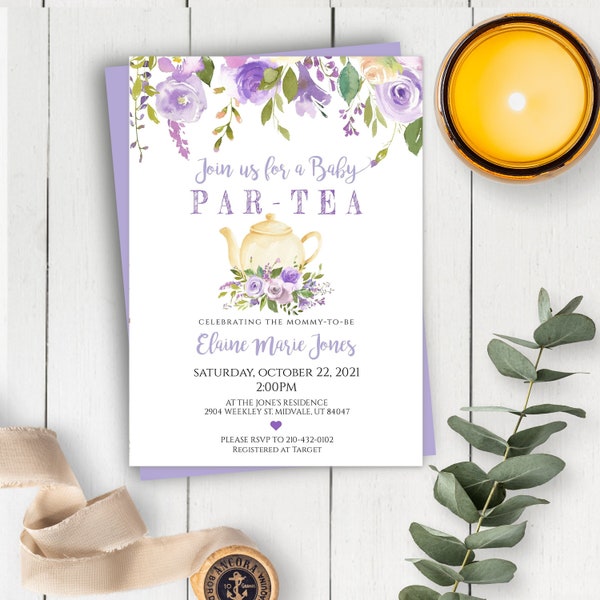 Purple Baby Par-Tea Invitation Template, Watercolor Flowers Baby Shower Invite, Lavender Floral Baby Shower, DIY Lilac Printable Invite PTBS