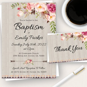 Floral Bohemian Printable Baptism Invitation + Thank You Card Template, DIY Editable Baptism Invitation, Printable Baptism Invite for Girl