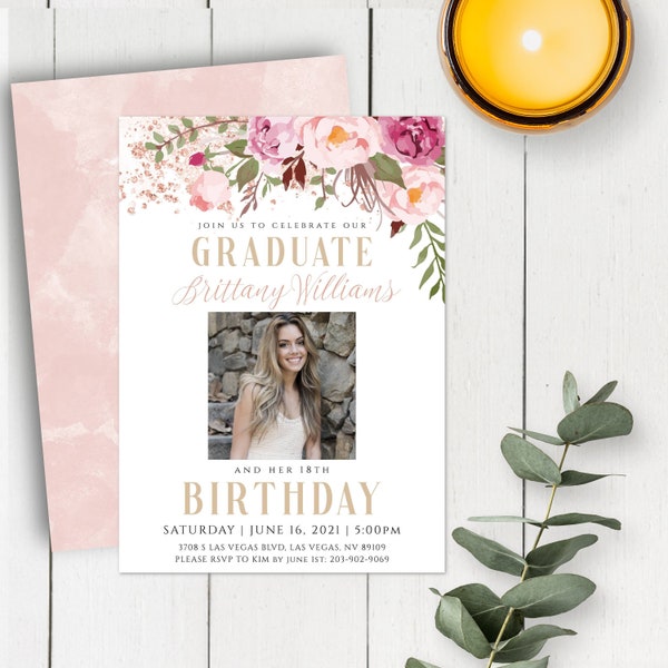 Graduation Invitation + Surprise 18th Birthday Party Template, Graduation Party for Girl, High School Grad, Printable Invite, Class of 2021
