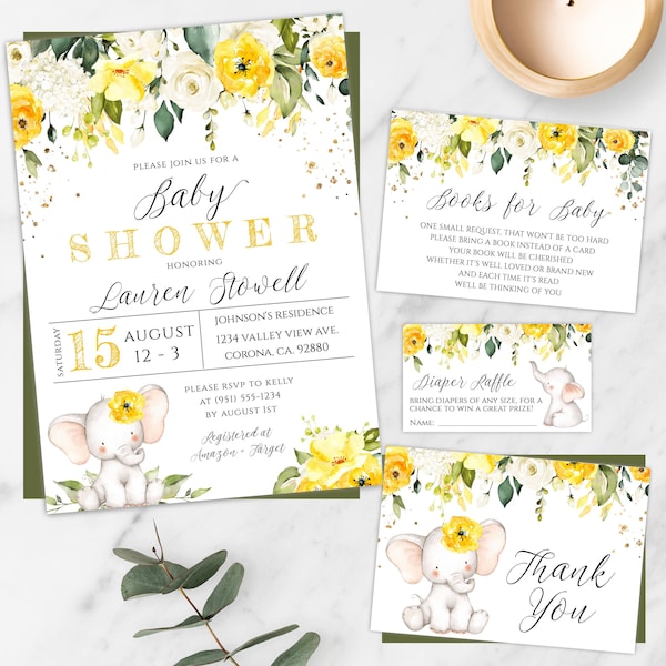 Elephant Baby Shower Invite Template Set With Yellow Flowers, Editable Gender Neutral Invitation Suite, Yellow Floral Elephant Shower, BSYF