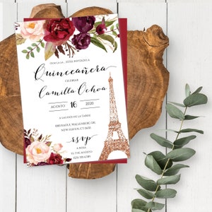 Burgundy Rose Gold Quinceañera Birthday Invitation Template in Spanish, Sweet 15, Paris Theme Party, Editable Paris Invitation, Eiffel Tower