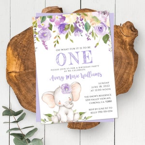 Purple Floral Elephant First Birthday Invitation Template, Printable 1st Birthday Invitation for Baby Girl, DIY Editable Birthday Invite