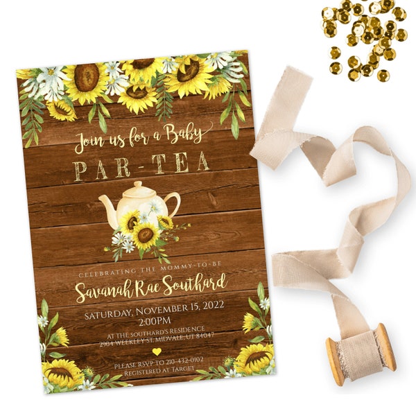 Sunflower Baby Shower Invitation Template, Baby Par-Tea, Neutral Baby Shower, Yellow Floral Printable, Rustic Shower for Baby Girl, BSSF