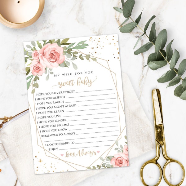 Wishes For Baby Template, Pink Floral My Wish For You Sweet Baby, Editable Gold Geometric Baby Shower Activity, Watercolor Printable, BSBG