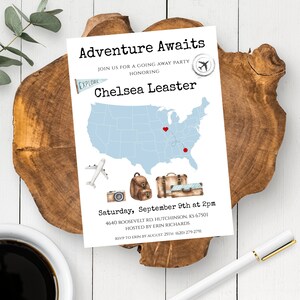 USA Map Invitation Template, Adventure Awaits Going Away Party Invite, Moving Party Invite, Bon Voyage Party, Missionary Farewell Invite