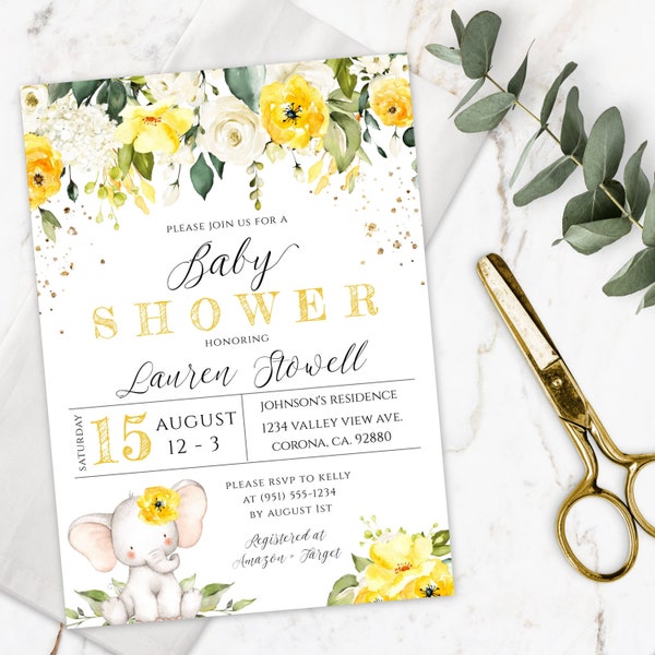 Yellow Elephant Baby Shower Invitation Template, Editable Gender Neutral Baby Shower Invite, Printable Baby Elephant Shower Invite, BSYF