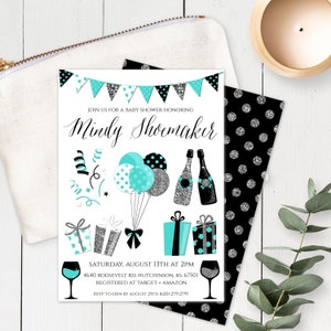 Teal Baby Shower Invitation Template, Editable Silver Glitter Baby Shower Invitation, Gender Neutral Baby Shower Invitation Printable Invite