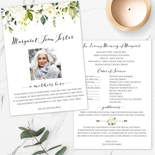 White Floral Funeral Program Template, Memorial Program Order of Service, Funeral Template, Printable Program, DIY Editable Program, WFF