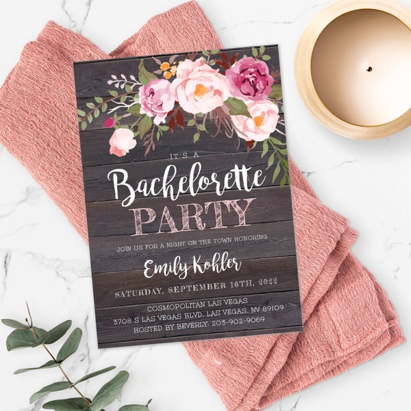 Rustic Floral Bachelorette Party Invitation Template, Pink Floral Printable + Editable Bachelorette Party Invite, Instant Download, WSRF