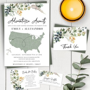 Eucalyptus Baby Shower Adventure Awaits Template Set Greenery Baby Shower Invite Travel Shower USA Map Invite Muted Tones Shower Invite