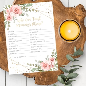 Who Can Finish Mommy&#39;s Phrase Game Template, Pink Floral Shower Game, Geometric Baby Shower, Baby Girl Shower, Editable Pink + Gold, BSBG