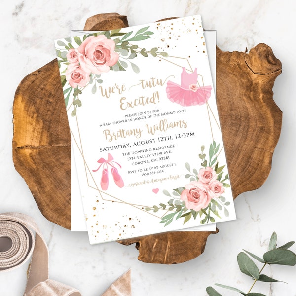 Pink Floral We're Tutu Excited Baby Shower Invitation Template, Editable Gold Geometric Invite, Printable Ballet Shower Invitation, BSBG