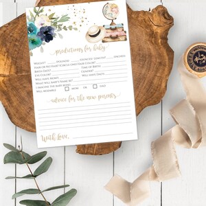 Prédictions pour carte de bébé + modèle de conseils souvenir pour baby shower, douche florale bleue, activité de baby shower imprimable L’aventure attend AA