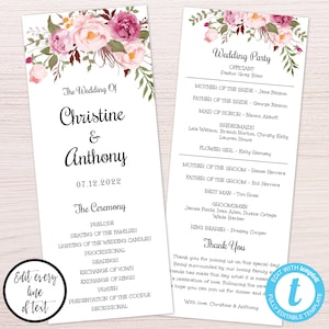 Pink Floral Wedding Program, Instant Download, Bohemian Floral Wedding Program, Printable Ceremony Program, Editable Wedding Program, WBBH