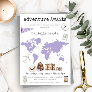 Purple World Map Invitation Template, Adventure Awaits Going Away Party Invite, Moving Party, Bon Voyage Party, Missionary Farewell Invite