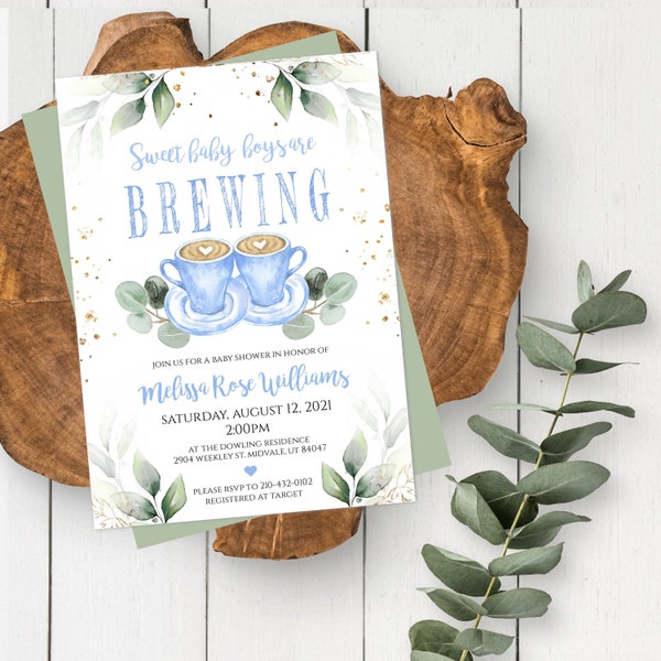 Twin Boy Babies Are Brewing Invitation Template, DIY Editable Coffee Brewing Invite, Printable Blue Baby Shower Invite, Eucalyptus Greenery