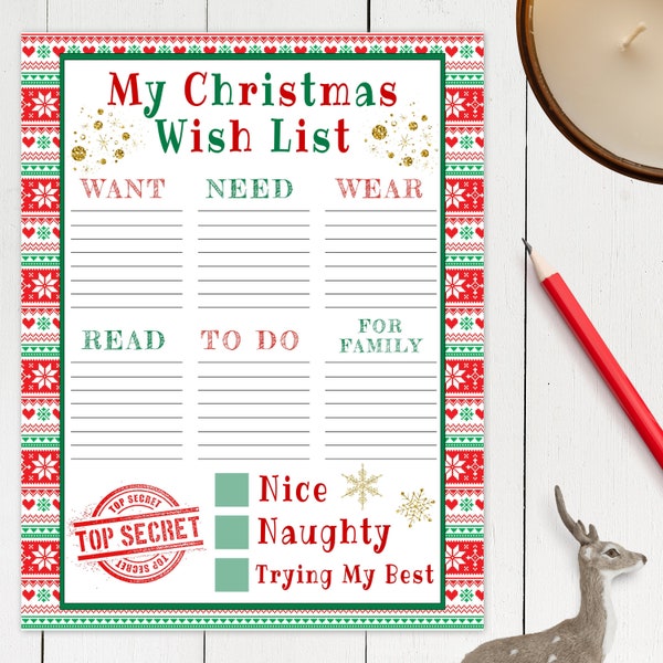 Christmas Wish List Printable Template for Kids, Editable Holiday Wish List, Kid's Printable Wish List for Christmas, Letter To Santa List