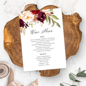 Szablon menu win burgundzkich, lista win, menu drinków do druku, edytowalny szablon menu baru, menu baru weselnego, edytowalna karta menu 5" x 7" WBMB
