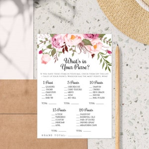 Pink Floral What&#39;s in Your Purse Bridal Shower Game Template, Wedding Shower Game, DIY Editable Boho Printable Floral Purse Game, WSBH