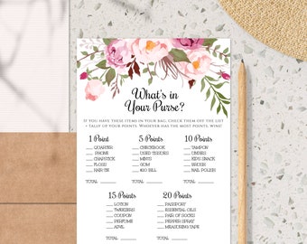 Pink Floral What's in Your Purse Bridal Shower Game Template, Wedding Shower Game, DIY Editable Boho Printable Floral Purse Game, WSBH