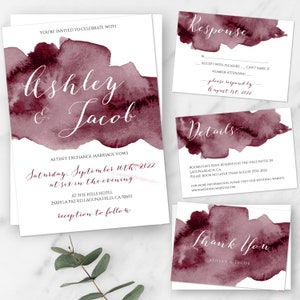 Burgundy Watercolor Wedding Invitation Template Set, DIY Editable Marsala Wedding Suite, Printable Invitation Kit Instant Download, WBBW2 image 1