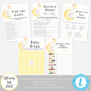 May include: Five printable game templates for a baby shower. The games include: Find the Guest, Nursery Rhyme Trivia, What's on Your Phone, Baby Bingo, and Children's Book Emoji Pictionary. Each game is 5 inches by 7 inches and features a cute elephant illustration.
