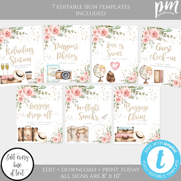 Travel Bridal Shower, Traveling from Miss to Mrs Sign Template Set, Pink Floral Shower, Travel Decorations Editable Map + Suitcase Sign TBSP