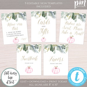 Pink Pumpkin Sign Template Set for Girl Baby Shower, Fall Baby Shower, Printable Shower Decor, Editable Pumpkin Signs, Favors, Gifts, PPS