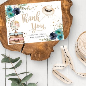 Traveling From Miss to Mrs Bridal Shower Blue Floral Folding Thank You Card Template, Printable Thank You, Editable File Instant Download TB
