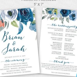 Blue Floral Wedding Program Template, Navy Wedding Program, Order of Ceremony Program, Order of Service, Editable Instant Download, WBBF