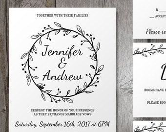 Minimalistic Wedding Invitation Template Suite with Wreath, Simple Wedding Invitations, Printable Wedding Invitations, DIY Editable Invite