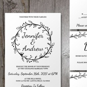 Minimalistic Wedding Invitation Template Suite with Wreath, Simple Wedding Invitations, Printable Wedding Invitations, DIY Editable Invite