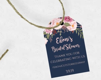 Blue & Pink Thank You Favor Tag Template, Rose Gold Printable, Navy Tags Personalized Floral Shower Favor Tags Pink + Blue Bridal Shower Tag
