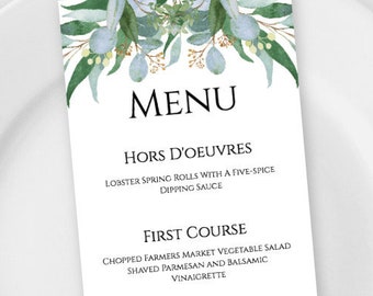 Greenery Menu Template for Wedding or Event, Printable Wedding Menu, Editable Dinner Menu, Greenery Wedding Menu Cards, Instant Download