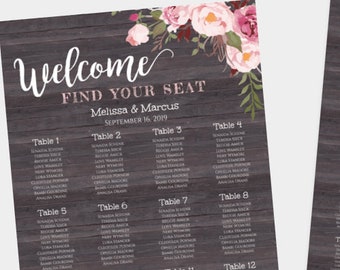 Rustic Floral Wedding Seating Chart Template, Pink Floral Wedding Seating Sign, Printable Seating Chart, DIY Editable Seating Chart, WBRF