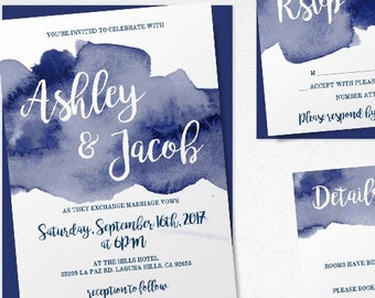 Navy Watercolor Wedding Invitation Template Set, Blue Invitation Suite, Printable Invitation Kit, Instant Download, Editable Templates, WBNW