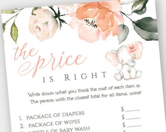 May include: A printable baby shower game with a floral design and the text "the price is right". The game asks guests to guess the price of various baby items, such as diapers, wipes, and baby wash.