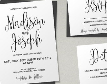Script Printable Wedding Invitation Set, Wedding Invitation Template, Black and White DIY Printable Invitations, Editable Invitations WBWC