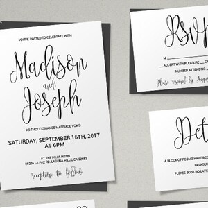 Script Printable Wedding Invitation Set, Wedding Invitation Template, Black and White DIY Printable Invitations, Editable Invitations WBWC image 1