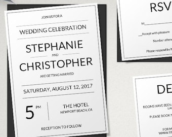 Modern Wedding Invitation Template, Wedding Invitation Template Set, Black and White Printable Invites, DIY Wedding Invitation, Editable
