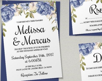 Blue Floral Wedding Invitation, Floral Wedding Invitation Suite, Printable Invitation Set, Editable Wedding Invite, Instant Download, BFOW