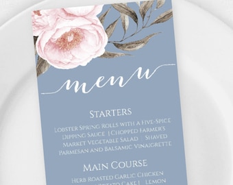 Dusty Blue and Blush Menu Template for Wedding, Dinner Menu for Any Event, Self Edit Printable Menu, Instant Download, Menu Cards, WBBB