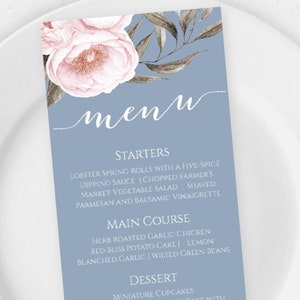 Plantilla de menú Dusty Blue y Blush para bodas, menú de cena para cualquier evento, menú imprimible de autoedición, descarga instantánea, tarjetas de menú, WBBB