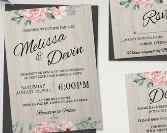 Pink Floral Wedding Invitation, Printable Wedding Invites, Editable Wedding Invitation Kit, Instant Download, Floral Wedding Invitation Set