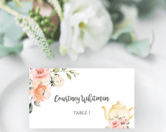 Peach Floral A Baby is Brewing Place Card Template, Tea Party Baby Shower Place Setting, DIY Tent Fold Escort Card, Seating Template, BSP2