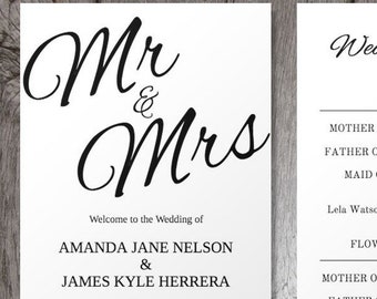 Mr & Mrs Printable Wedding Program Template, Black + White Ceremony Program, Clean and Cursive Program, Tea Length Program, Editable