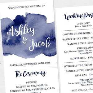 Navy Watercolor Wedding Program Template, 1/2 page Watercolor Printable Program, Instant Download Ceremony Program, DIY Wedding Program WBNW