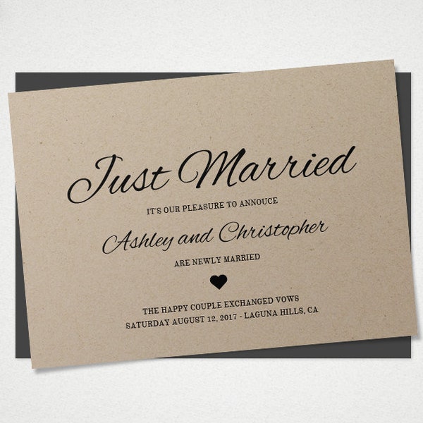 RUSTIC Wedding Announcement, Just Married, Eloped Announcement Template, Announcement Card, DIY Wedding Printable, Kraft Elopement Card