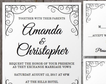 Vintage Wedding Invitation Template Set with RSVP and Details, Printable Calligraphy Wedding Suite, Editable Template, Instant Download, WBV